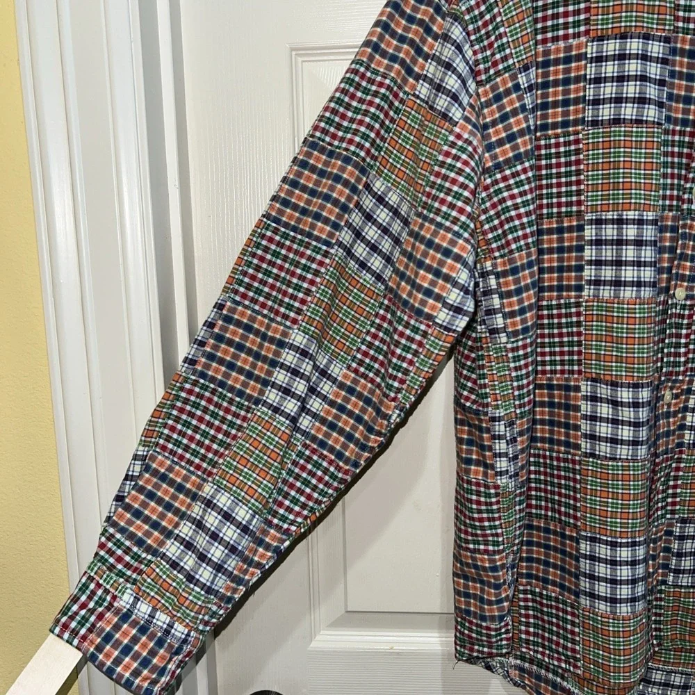 Vtg J. Crew Oarsman Multicolor Patchwork Madras Plaid Button Down Shirt Men XL